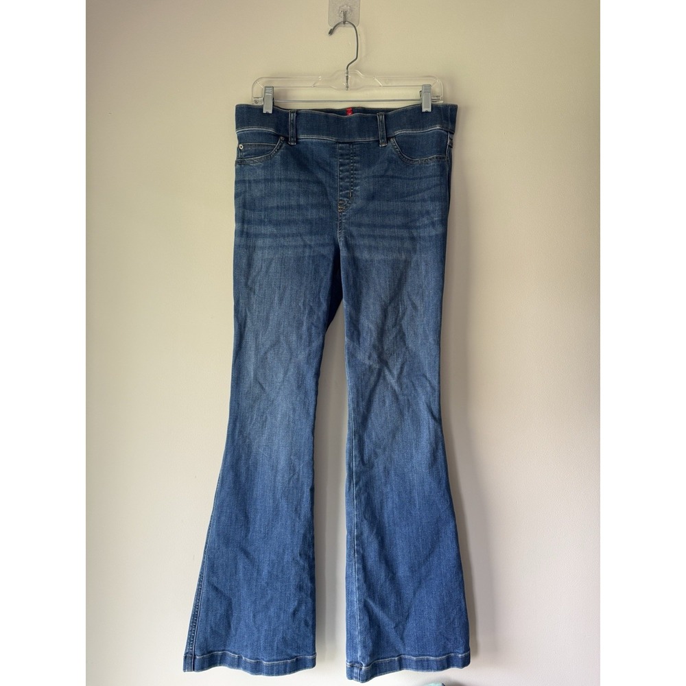 Spanx Pull On Flare Jeans Women L Blue Stretch Denim Boho High Rise Slimming